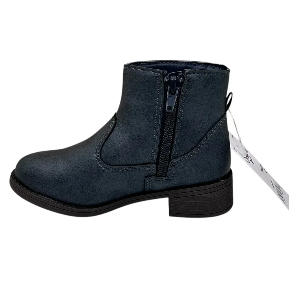 OshKosh BGosh Toddler Girls Ankle Boot Size 8 Navy Blue Flower‎ Accent Side Zip